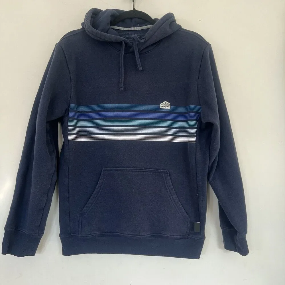 Patagonia Sweater Men's Hoodie Size Small Uprisal  Navy Blue Striped Long Sleeve